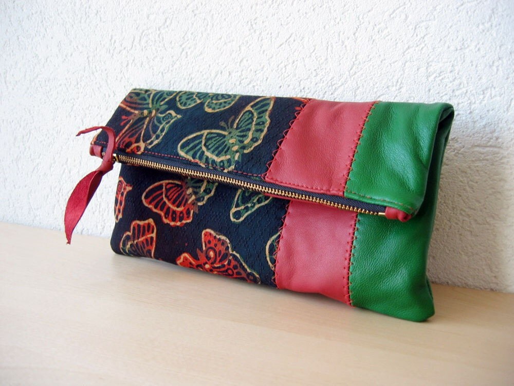 Leather Clutch in Italian Leather and Handwoven Silk by iragrant