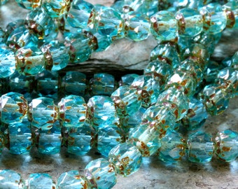 Czech glass 6mm fire polish 6" bead strand Aquamarine Picasso