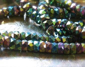 Czech glass fire polish bead strand 6mm x 3mm faceted rondelle in iris green (48 beads)