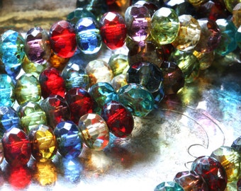 Czech glass fire polish bead strand multicolor gemstone donut 9mm x 6mm (25 beads) picasso finish