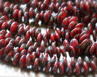 Czech glass lentil bead strand (50 beads) 6mm opaque red picasso