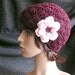Shell Pattern Cap or Beanie in Burgundy with Pink Flower and Button