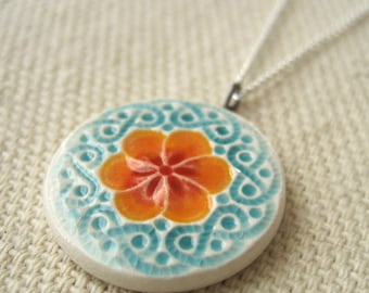small plum blossom necklace, tangerine and ocean ... porcelain jewelry by Sofia Masri