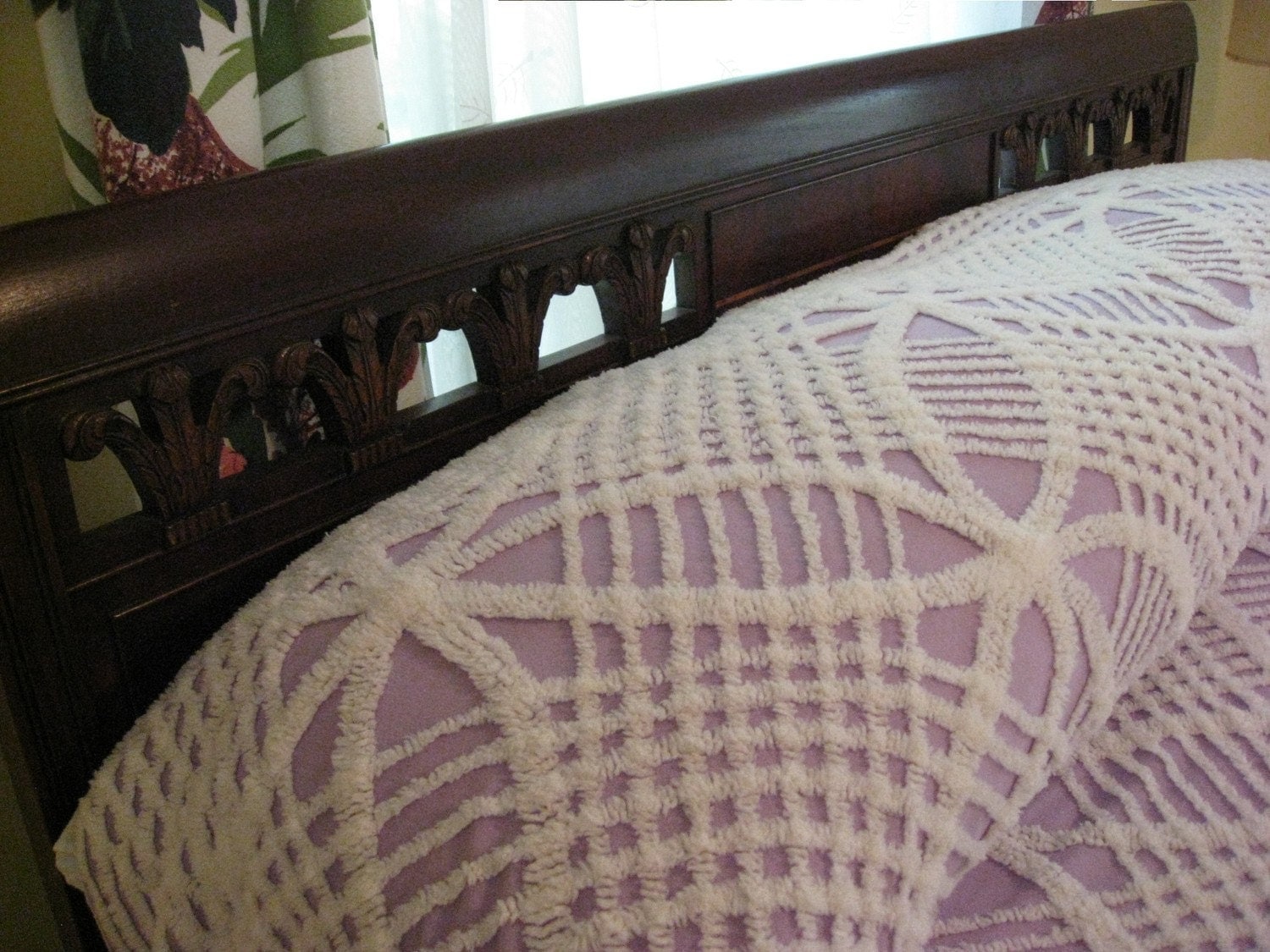 Vintage Chenille Bedspread Lavender Purple and White