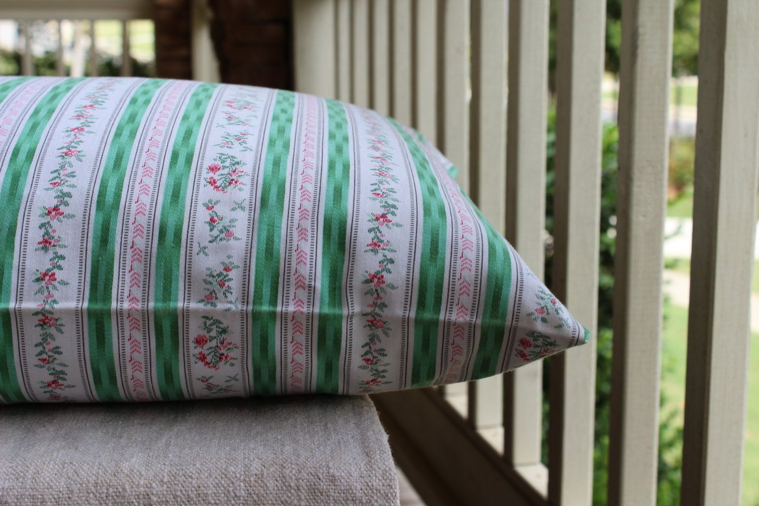 Vintage Pillow Tick Pillow Cover Green and Pink Stripes