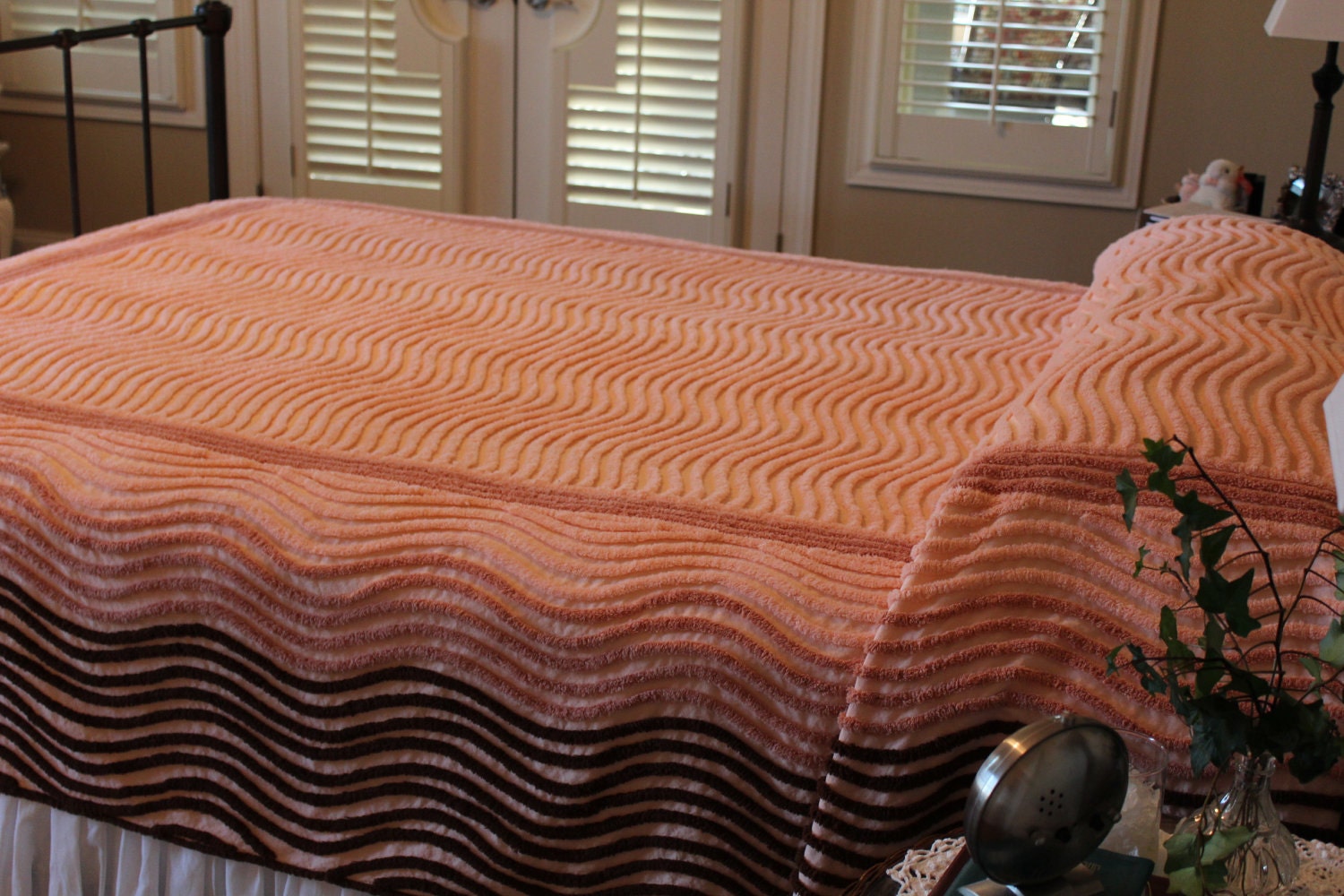 Vintage Chenille Bedspread Peach Cinnamon Chocolate Mid