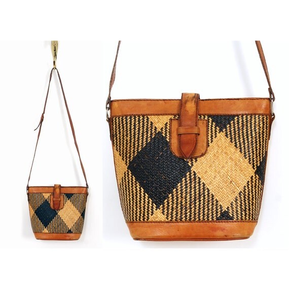 vintage woven basket and leather handbag