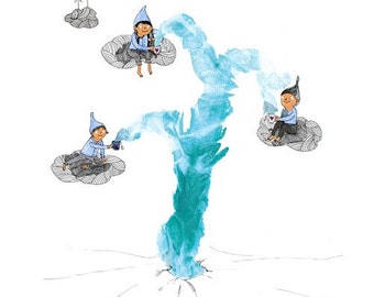 Bambini camera nido o arredamento arte parete stampa: contemplatori. Elfi sulle nuvole al partito di tè del geyser - piccola illustrazione quadrata stampare per bambini