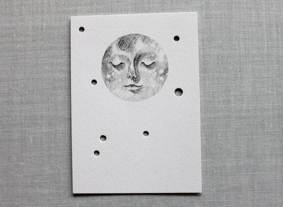 ACEO original moon pencil drawing with paper poetry star