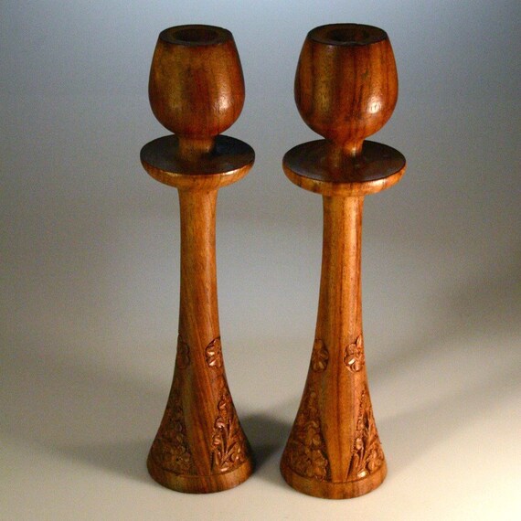 Vintage Carved Wood Candlesticks