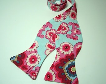 Freestyle Bow Tie for Men Blue and Pink Damask
