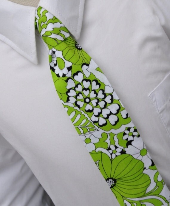 Lime Green Necktie for Men or Boys Mod Floral Tie