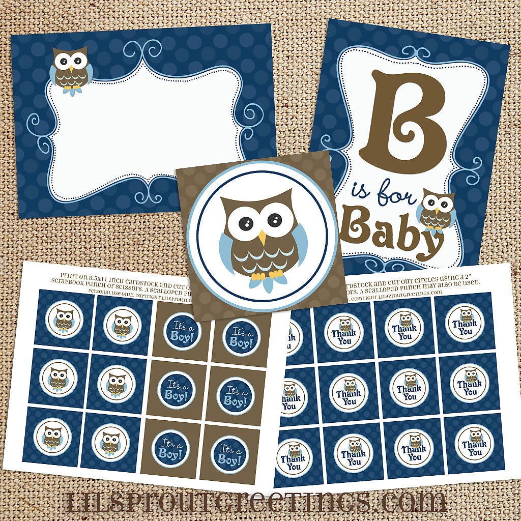 Navy Blue Owl Boy Baby Shower Printable Decorations Instant