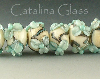 SRA Lampwork Beads Handmade by Catalina Glass Ivory and Copper Green Flowers 7