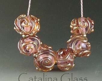 Aurea and Pink Champagne 6 Lampwork beads by Catalina Glass