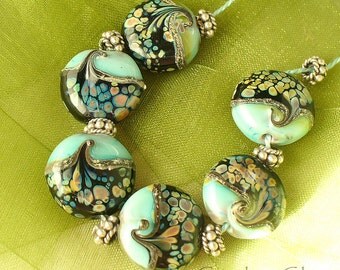 SRA Handmade Lampwork Beads Copper Green and Raku by Catalina Glass