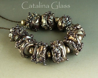 Lampwork Glass Beads SRA Silver Plum Nuggets from the Mine by Catalina Glass