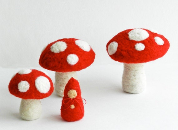 Items similar to Red and White Polka Dot Felted Mushrooms with Little ...