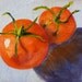 Still Life Oil Painting, Original Tomatoes on Canvas, Red, Blue, Fruit, Vegetable, Small, 5x7, Kitchen Art, Kitchen Decor