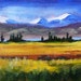 Small Landscape, Oil Painting, Original, Mountain, Field, Trees, Blue, Gold, Purple, 6x6, Canvas