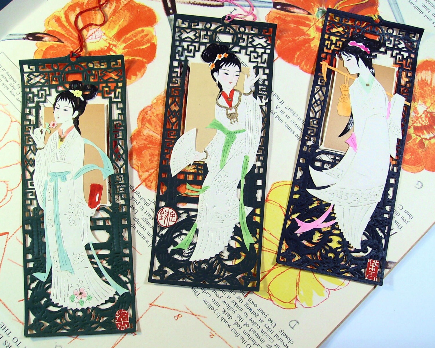 3 Vintage Geisha Bookmarks Paper Cut Asian Oriental Women