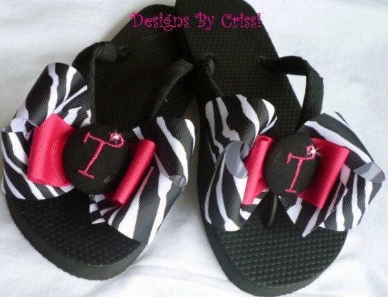 Items similar to Zebra Monogrammed Initial Boutique Bow Flip Flops on Etsy