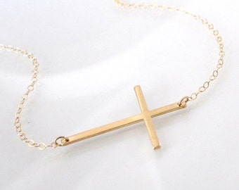 Sideways Cross Necklace Set Off Center - 14K Gold Filled, Thin And Sleek, Kelly Ripa