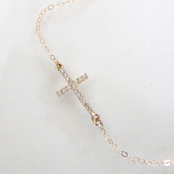 Small Diamond Sideways Cross Necklace, 14K Yellow or White Gold, Kelly ...