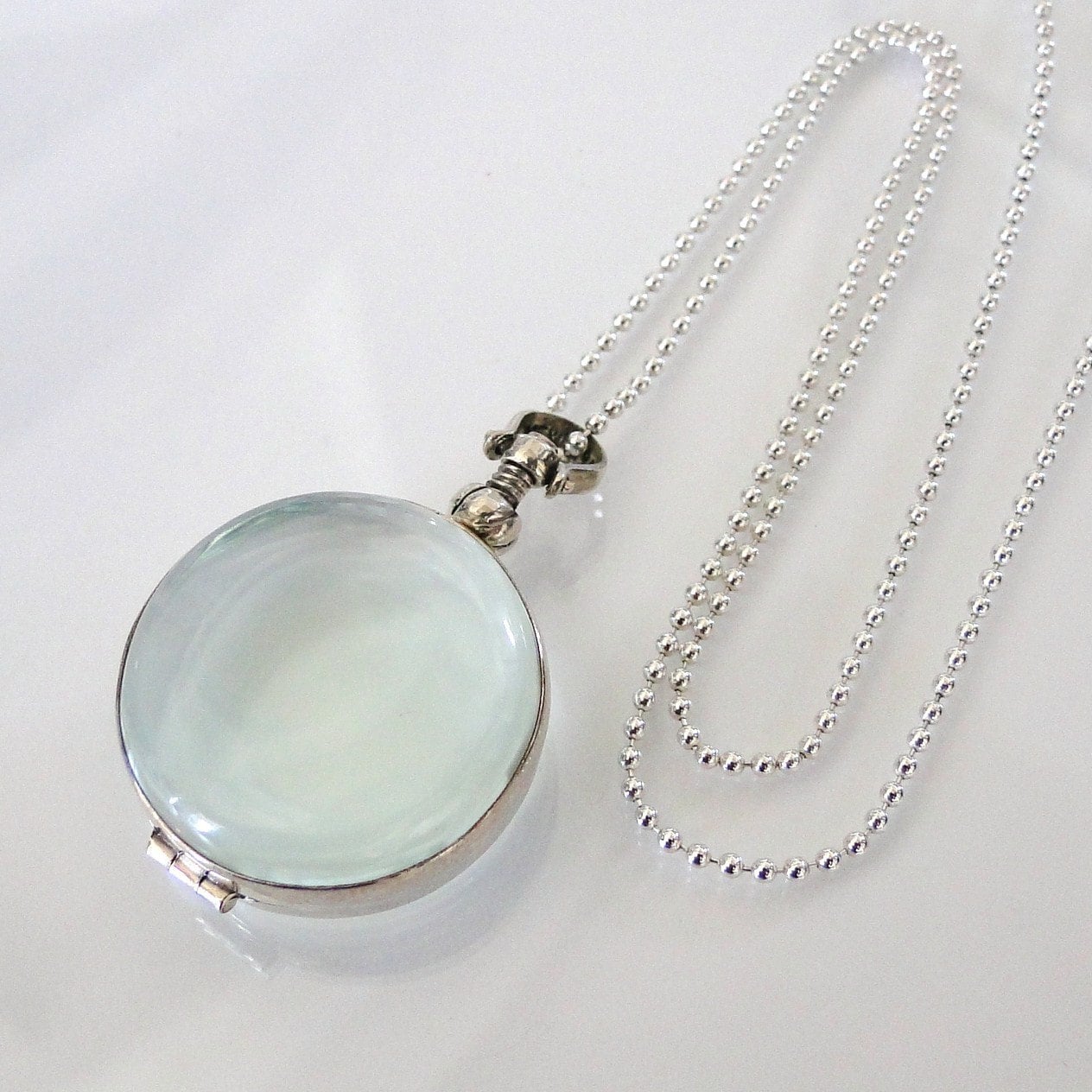 Glass Locket Necklace 18 Inch Chain Sterling Silver Clear
