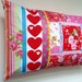 Patchwork Stripes Pillow - Bright Contemporary Birds and Hearts in Red, Pink, Turquoise, Yello and Green