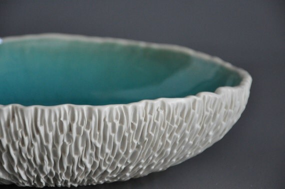 Cerulean Crackle Extra-Large Geode Serving Bowl - White Ceramic Porcelain Dining Centerpiece