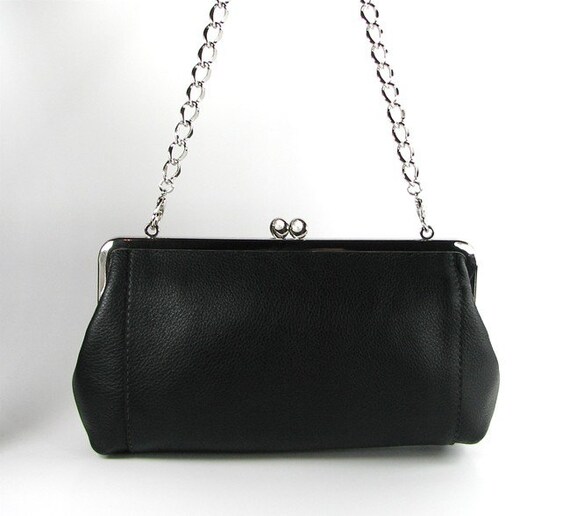 Black Leather Clutch with Chain Shoulder Bag