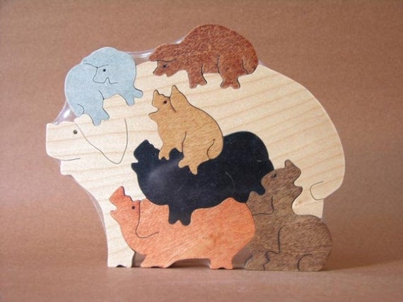 Pile of Pigs Hogs Piglets Farm Puzzle Wooden Toy Hand Cut with