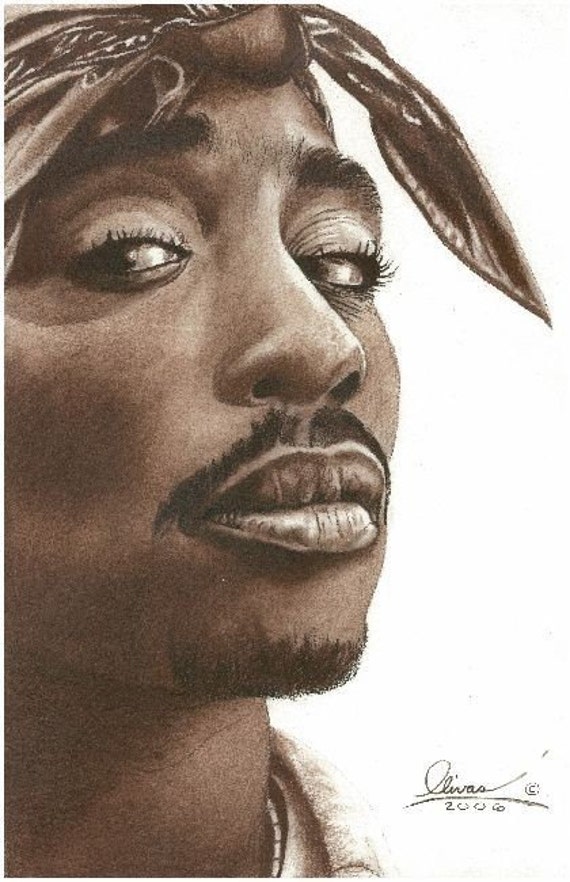 hand drawn Tupac Shakur by Bill Olivas portrait of by essenceofus