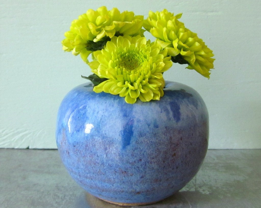 small blue vase with flower frog by JDWolfePottery on Etsy