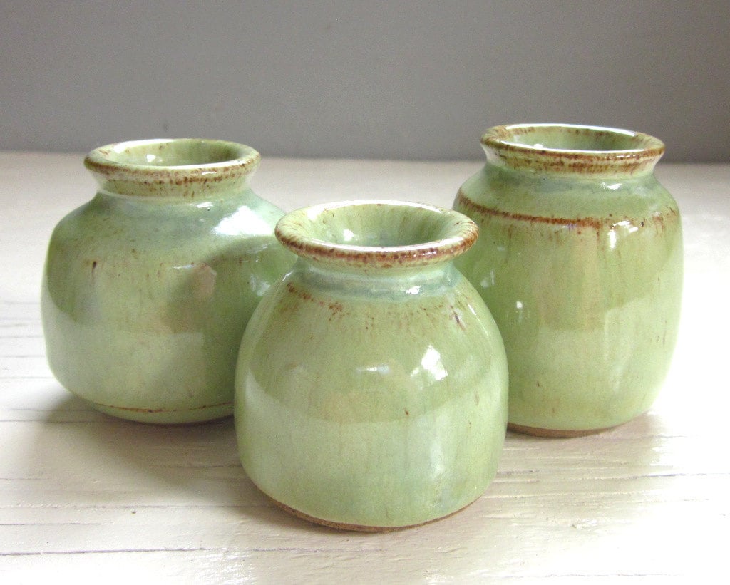 3 green vases ceramic pottery little rustic perfect for your