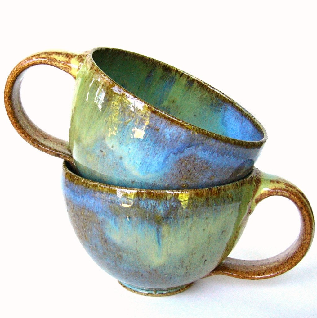 2 Small Soup Cups with Handles 14 oz