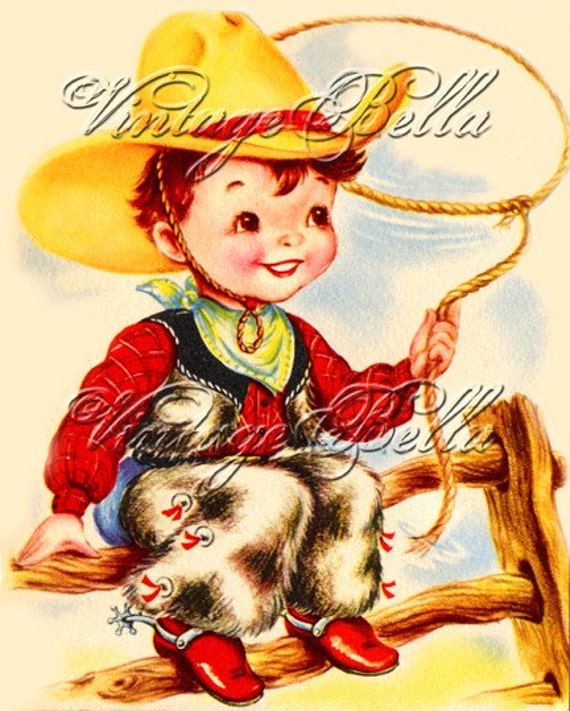 Vintage Retro COWBOY with LASSO Fabric Art Print on Cotton by
