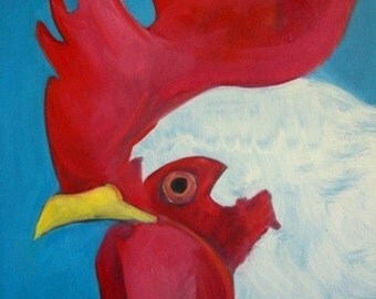 Uncle Lester. White Rooster in Profile. Rooster Red Comb. Sapphire Blue. Yellow. Awesome Rooster. Chicken. Kitchen Art. Poster