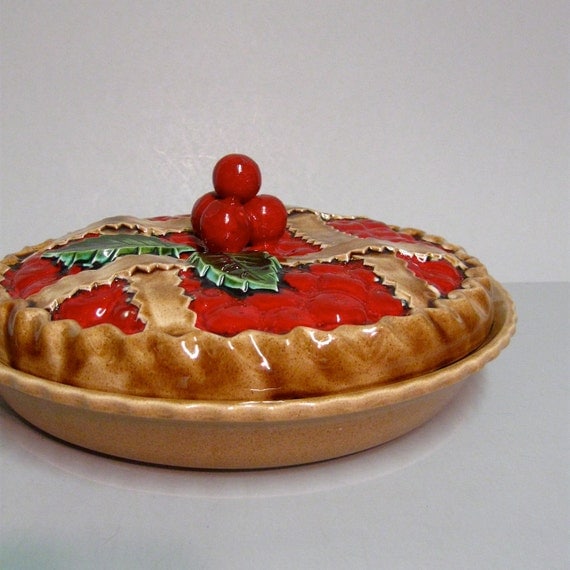 Ceramic cherry pie plate and cover hand painted