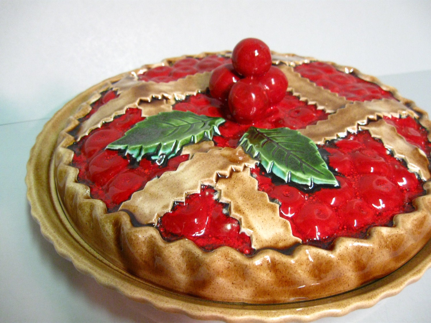 Ceramic cherry pie plate and cover hand painted