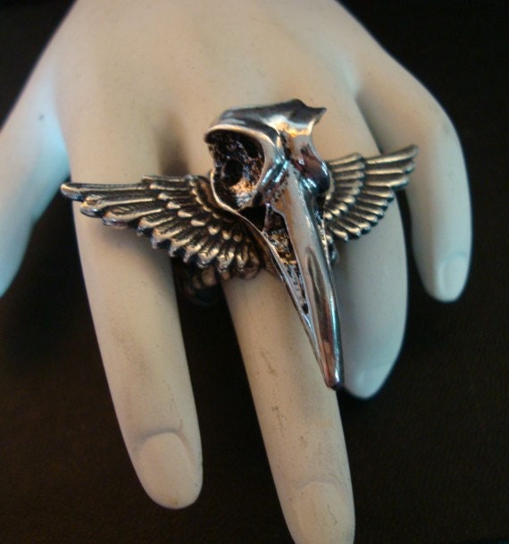 Gothic, SteamPunk, As The CROW SKULL FLYS, Wing Ring, Silver Ox Quality plate steampunk buy now online