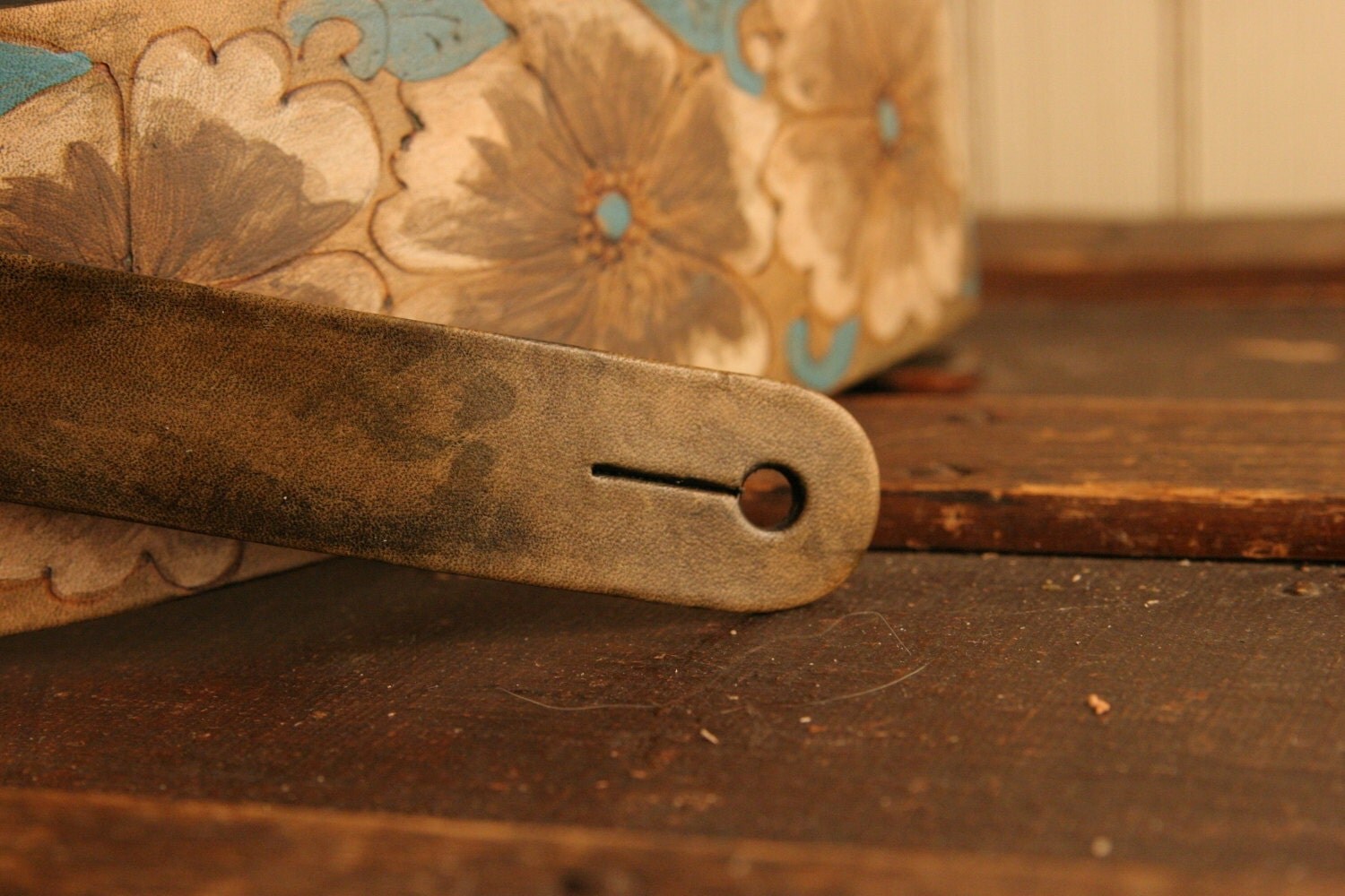 Leather Guitar Strap Turquoise White Gray and Antique Brown