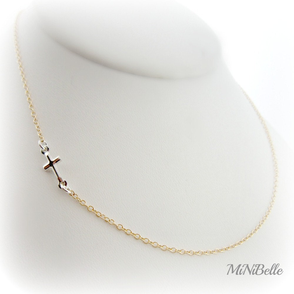 Sideways Cross Necklace. Gold and Silver Cross Necklace. Two