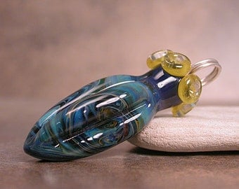 Lampwork Boro Focal Bead Pod Pendant in Deep Blues and Greens Divine Spark Designs SRA LETeam
