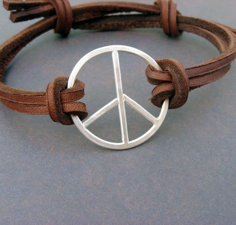 Peace Sign bracelet. Sterling silver and leather bracelet for