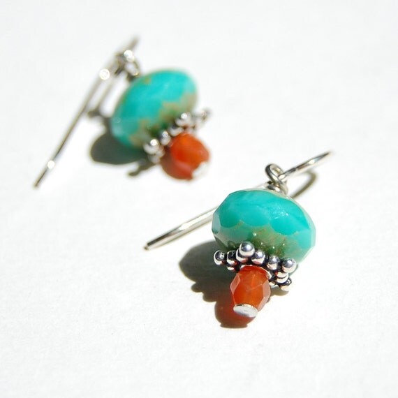 Small Drop Earring in turquoise and orange Czech glass