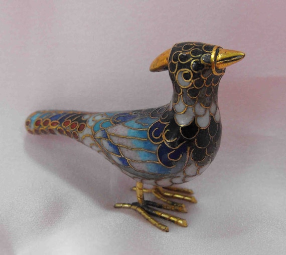 Vintage Figurine Cloisonne Bird Enamel Porcelain Gold ca