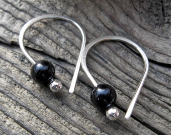 Black onyx sterling silver open hoop earrings