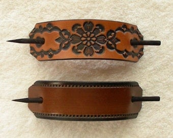 Retro Leather Barrettes with Sticks, Hippie Barrettes